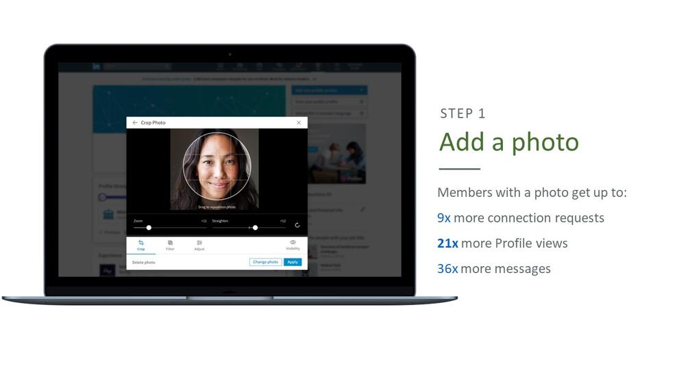 Step 1: Add a photo. Member with a photo get up to: 9 times more connection requests, 21 times more profile views, 36 times more messages