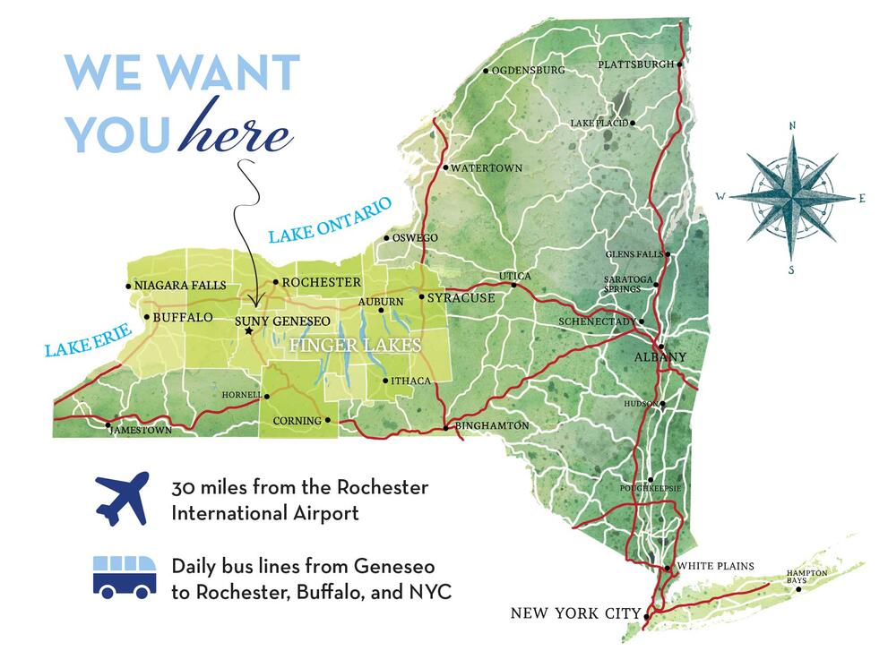 SUNY Geneseo is in Western New York State. It is 30 miles from the Rochester International Airport, and there are daily buses from Geneseo to Rochester, Buffalo, and New York City.