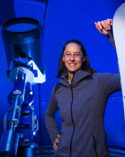 Photo of Dr. Pellerin at the 20 inch SUNY Geneseo Telescope. Photo by K. Walters.