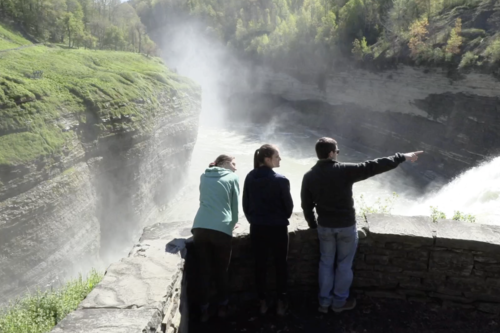 Pointing at waterfall in Letchworth State Park